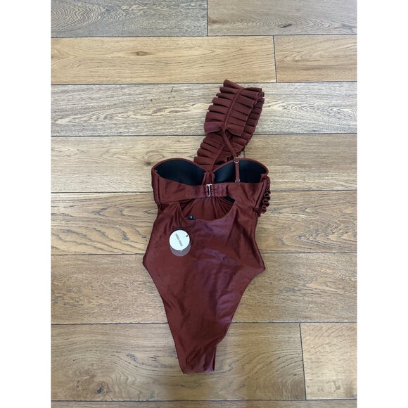 Andrea Iyamah Nisi One Shoulder Ruffle One Piece Swimsuit Chocolate Womens Size - Picture 8 of 12